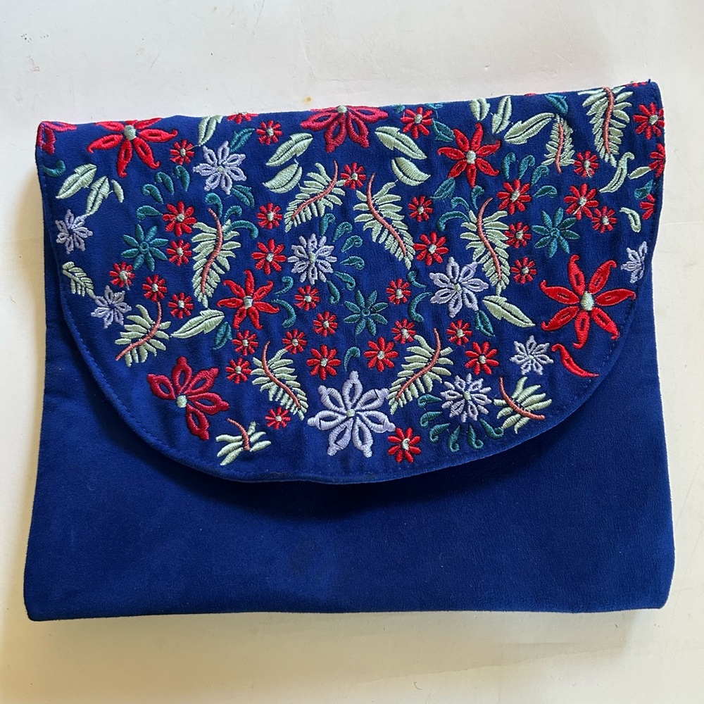 Ann Taylor Loft Embroidered Floral Clutch Hand Bag Royal Blue